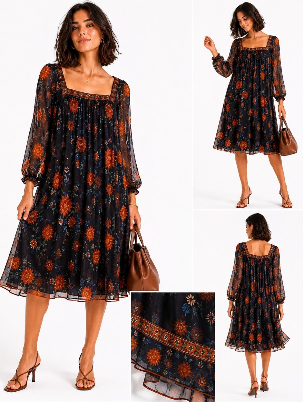 Massimo Dutti Romantic flowy Silk Lined Boho Floral Print long sleeve dress SzM